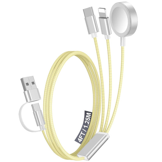 1Pack Multi Fast Charging Cable for Travel Vacation Essentials,Apple Watch Charger,Iphone Charger[3-In-2]Usb A/Type C/Lightning Cable for Iwatch,Iphone 16-11,Nintendo Switch,Airpods,Car,Camping-Yellow