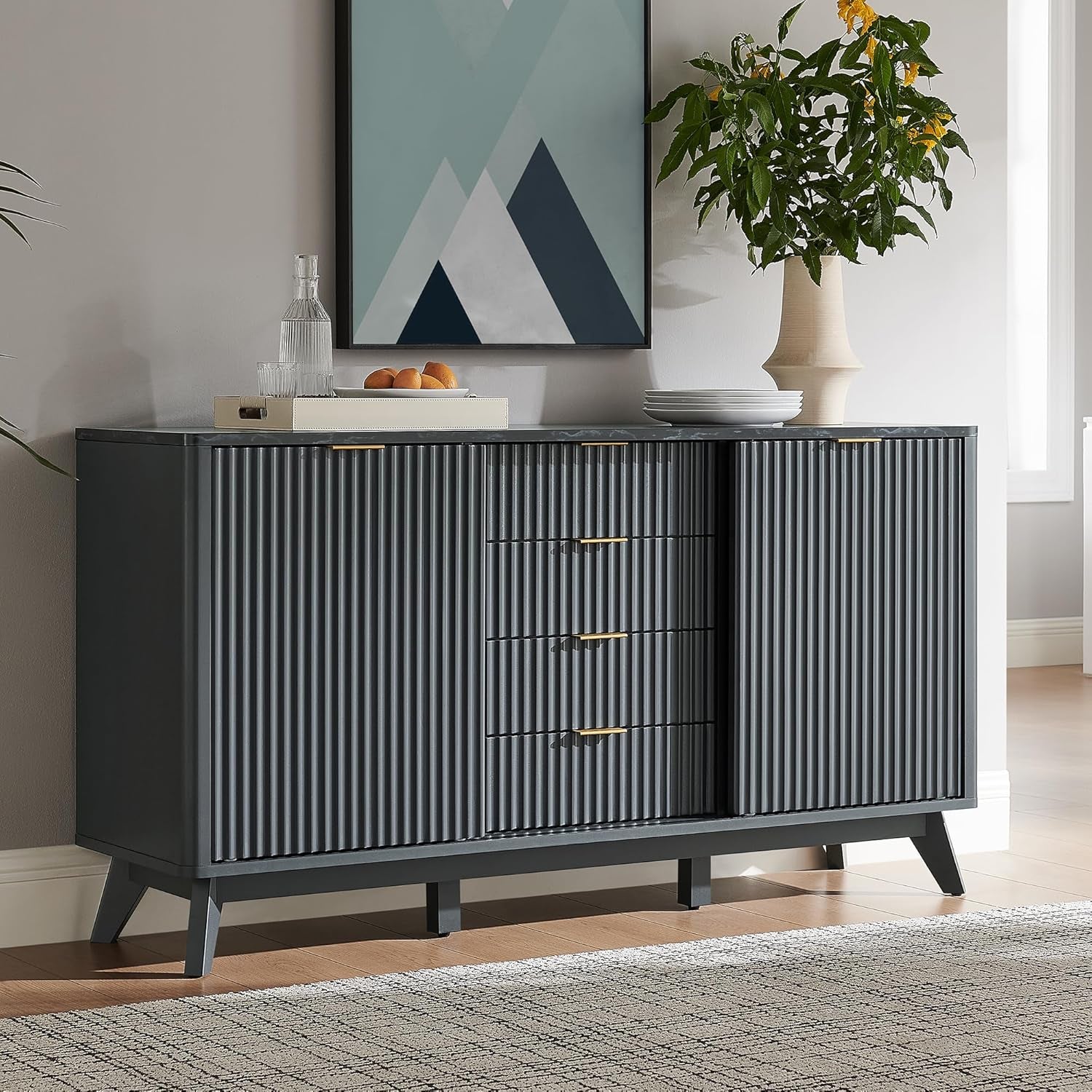 Fluted Buffet Cabinet, 60" Modern Sideboard with Sliding Doors & 4 Drawers, Coffee Bar Table with Storage, Faux Marble Top and Curved Profile Design for Dining Room, Living Room, Dark Grey