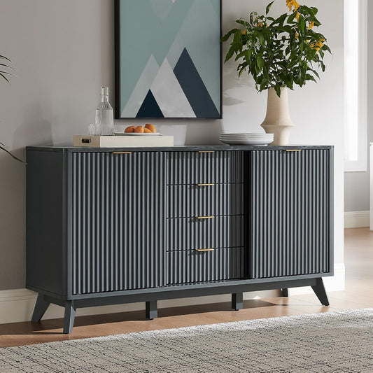 Fluted Buffet Cabinet, 60" Modern Sideboard with Sliding Doors & 4 Drawers, Coffee Bar Table with Storage, Faux Marble Top and Curved Profile Design for Dining Room, Living Room, Dark Grey