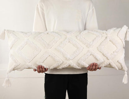Decorative Long Lumbar Pillow Cover 14X36 Boho,Super Soft Chenille Extra Long Lumbar Pillow Case Cover with Tassel for Bed Sofa Couch Farmhouse Livingroom,White,Modern Skinny