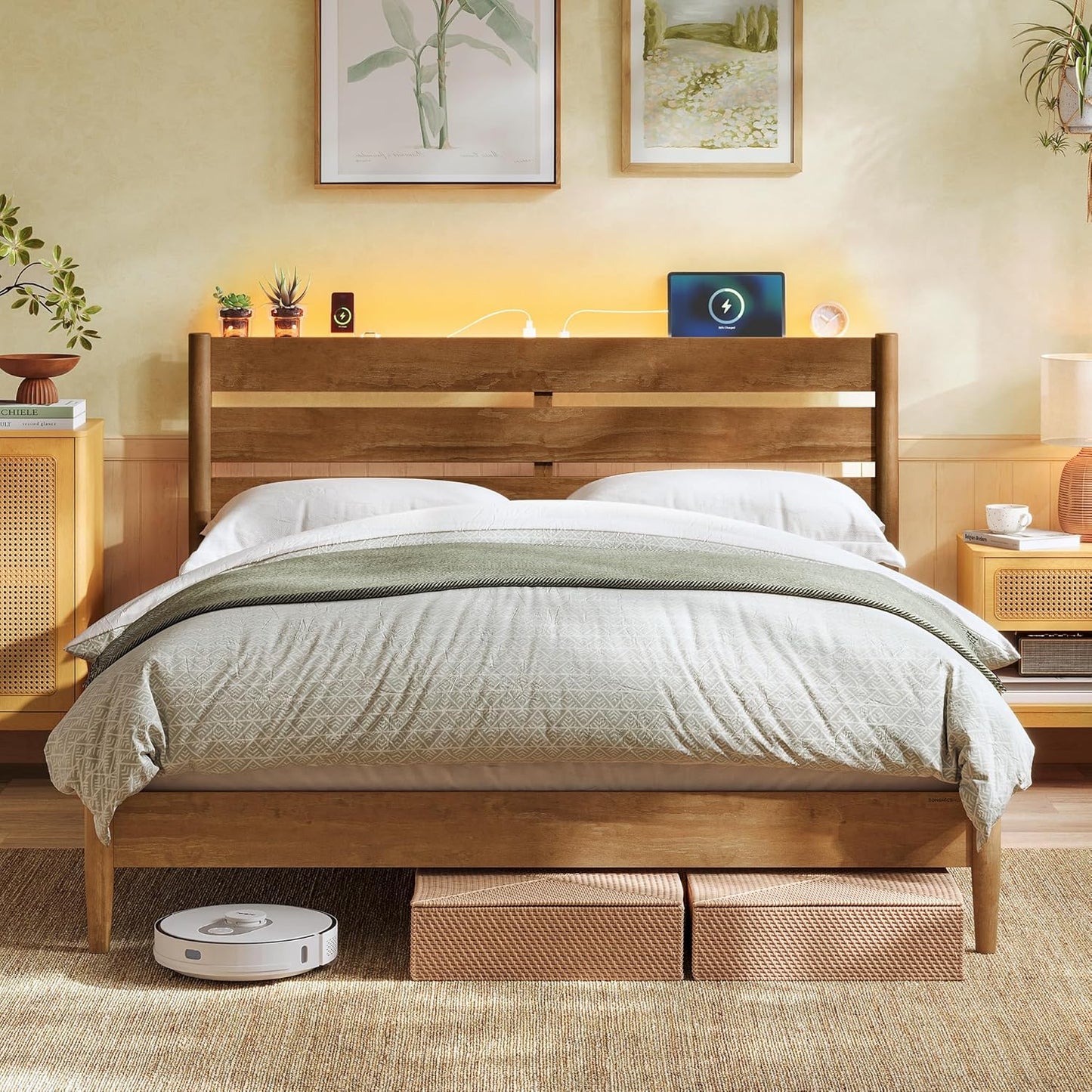 HOME King Bed Frame with Solid Wood Legs Slats, Platform Bed with Headboard, LED Lights, Charging Station, Mid-Century Modern Style, No Box Spring Needed, Coffee Brown URMB414K02