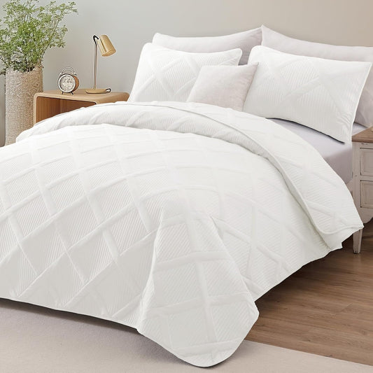 King Quilt Set- White Quilts Bedding Set with 2 Pillow Shams, Modern King Bedspread with Striped Pattern, Soft Lightweight Bedspreads Coverlets for All Seasons