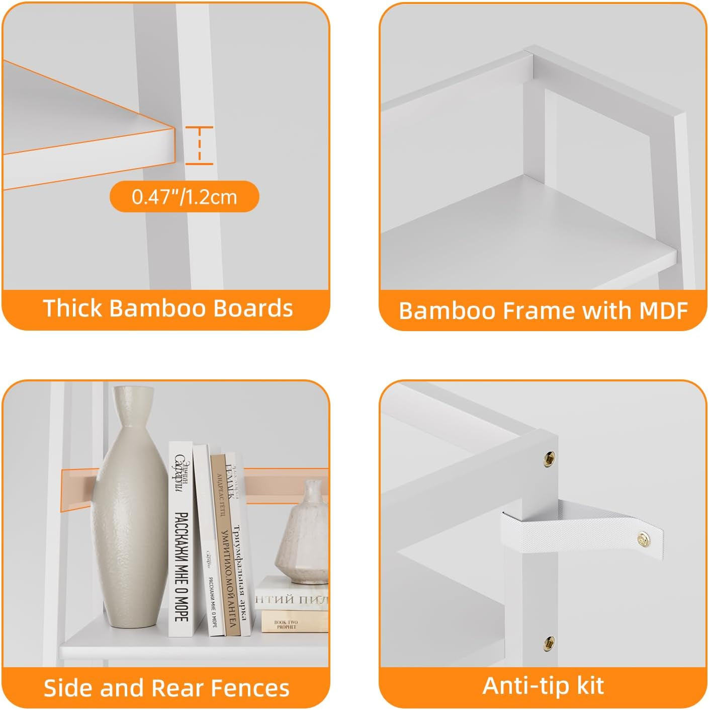 Ladder Shelf, 4 Tier Bookshelf, Floor Standing Bathroom Storage Rack with Bamboo Frame, Home Office Open Display Bookcase, White