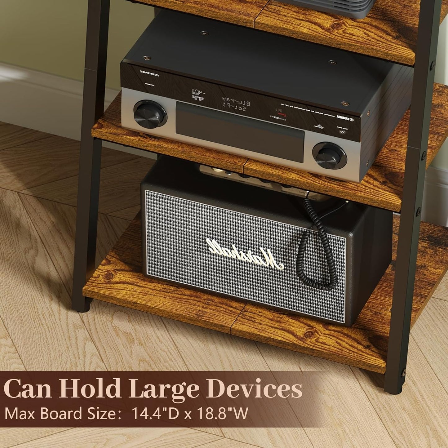 4-Tier AV Media Stand with Power Strips, Heavy Duty Stereo Cabinet Stand with LED Lights, Wooden Record Player Stand with 2 Hooks, Audio Stand Furniture Perfect for DVD Player/Game Console/Tv Box/Xbox
