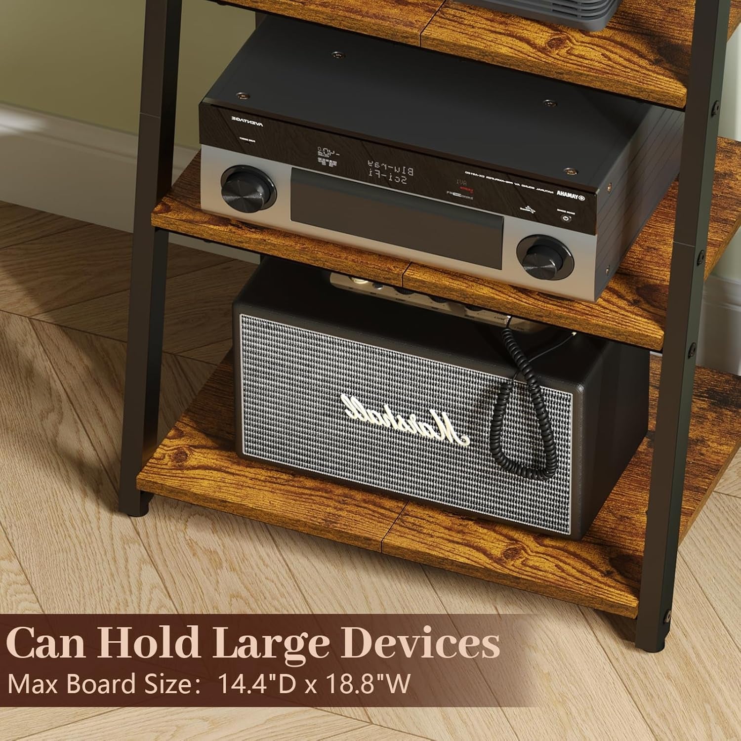 4-Tier AV Media Stand with Power Strips, Heavy Duty Stereo Cabinet Stand with LED Lights, Wooden Record Player Stand with 2 Hooks, Audio Stand Furniture Perfect for DVD Player/Game Console/Tv Box/Xbox