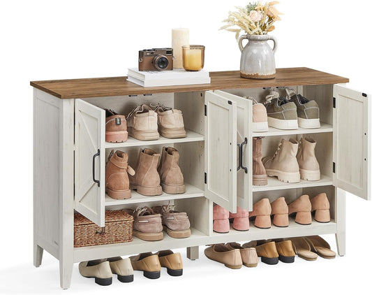 Shoe Cabinet, 3-Tier Shoe Storage Organizer, Farmhouse Freestanding Cabinet with Height-Adjustable Shelf, 13.8 X 47.2 X 27.6 Inches, Entryway, Rustic White ULBC039W01