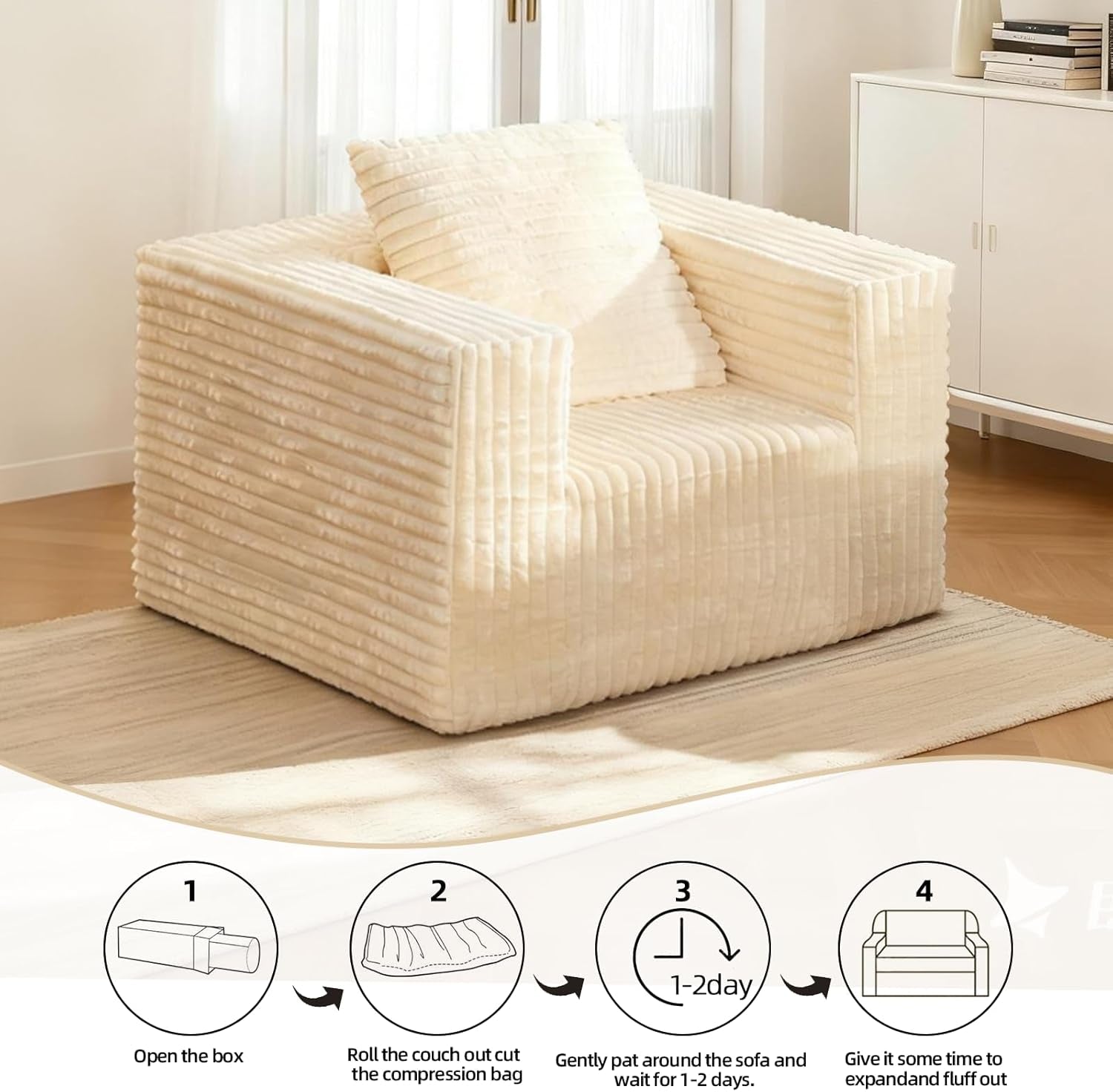 Single Cloud Sofa, Giant Bean Bag Chair with High Backrest & Wider Armrest, Foam Boneless Couch for Small Spaces, Comfy Furry Sofas with Pillows for Living Room, Bedroom, Apartment, Dorm, Office