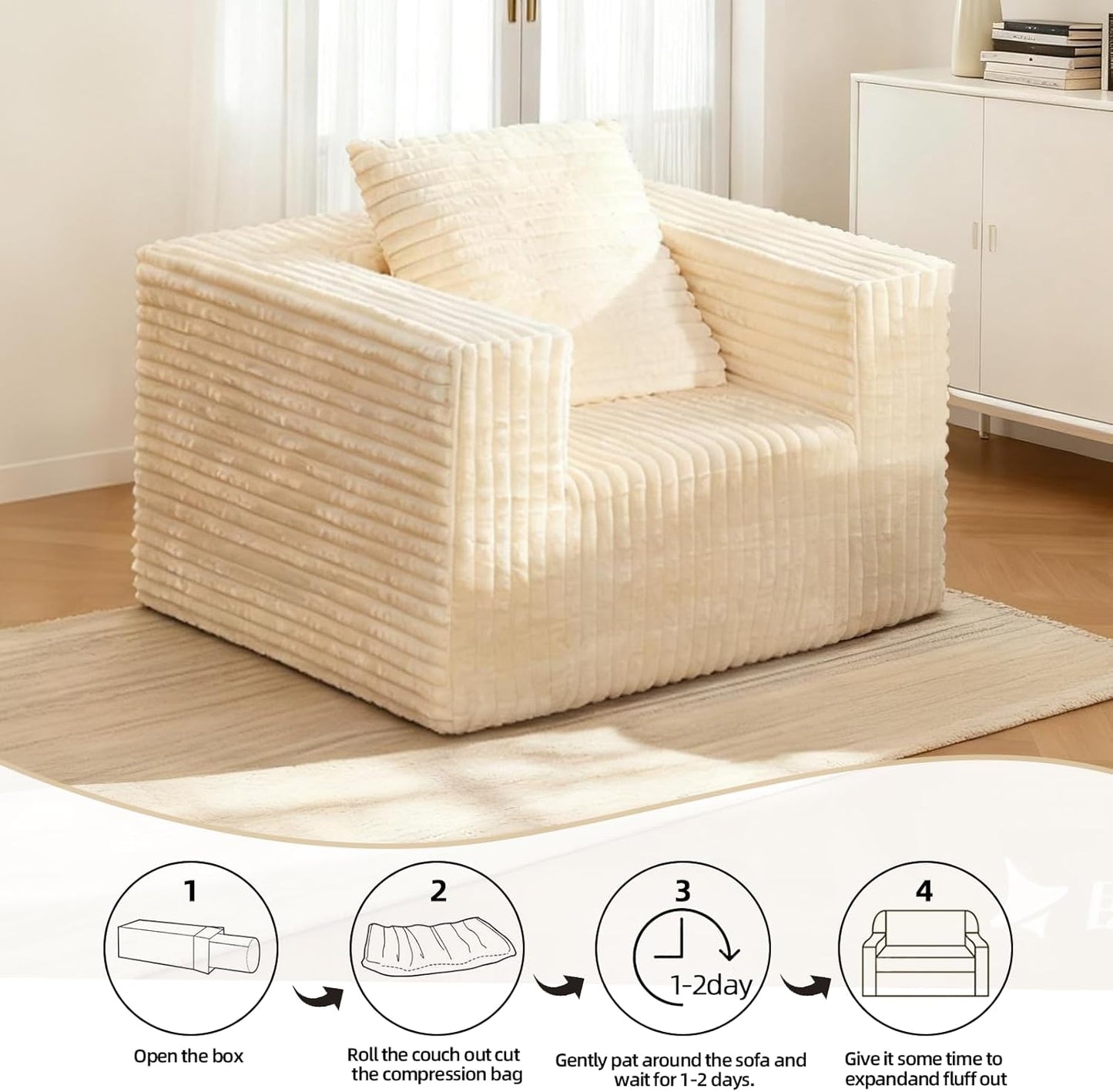 Single Cloud Sofa, Giant Bean Bag Chair with High Backrest & Wider Armrest, Foam Boneless Couch for Oversized Spaces, Comfy Furry Sofas with Pillows for Living Room, Bedroom, Apartment, Dorm, Office