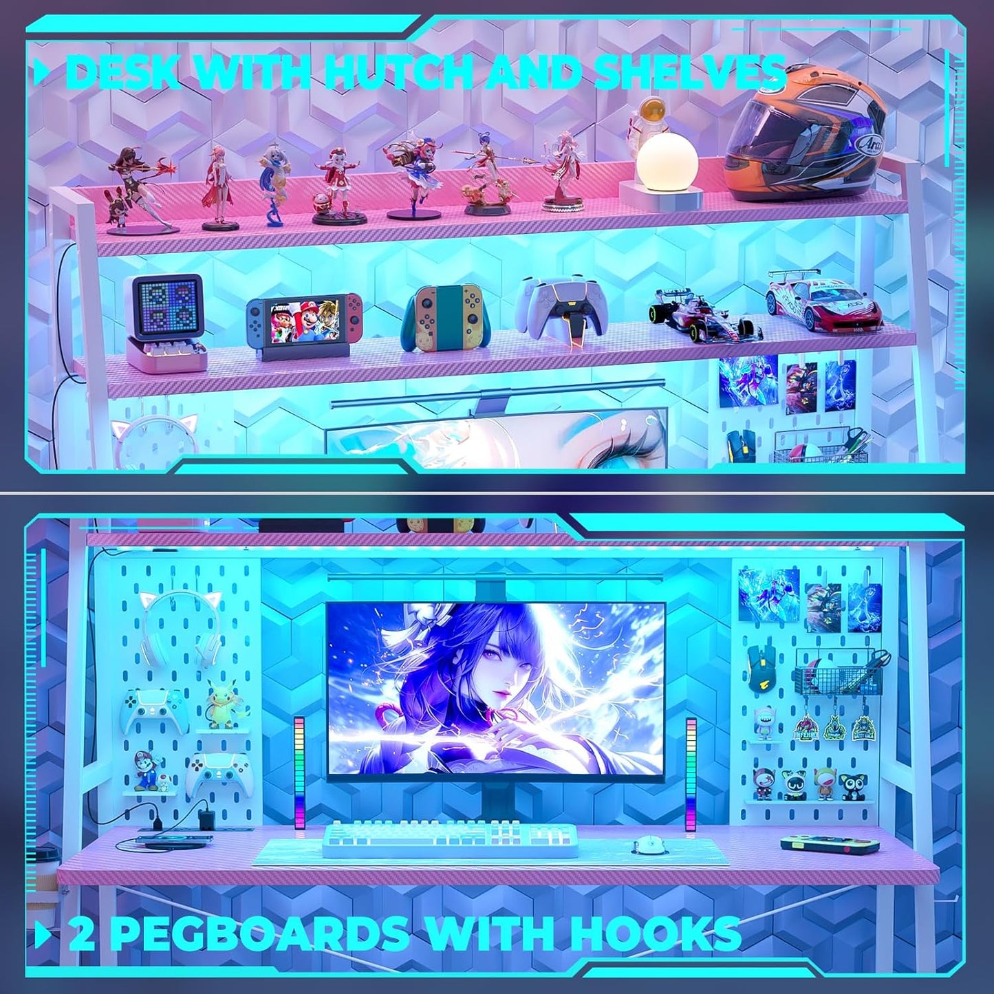 Gaming Desk with Hutch and LED Lights, Gaming Computer Desk with Power Outlets, Gamer Desk with Storage Shelves, PC Game Desk with Pegboards for Bedroom, Carbon Fiber Pink, 49"