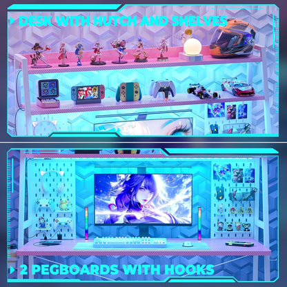 Gaming Desk with Hutch and LED Lights, Gaming Computer Desk with Power Outlets, Gamer Desk with Storage Shelves, PC Game Desk with Pegboards for Bedroom, Carbon Fiber Pink, 49"