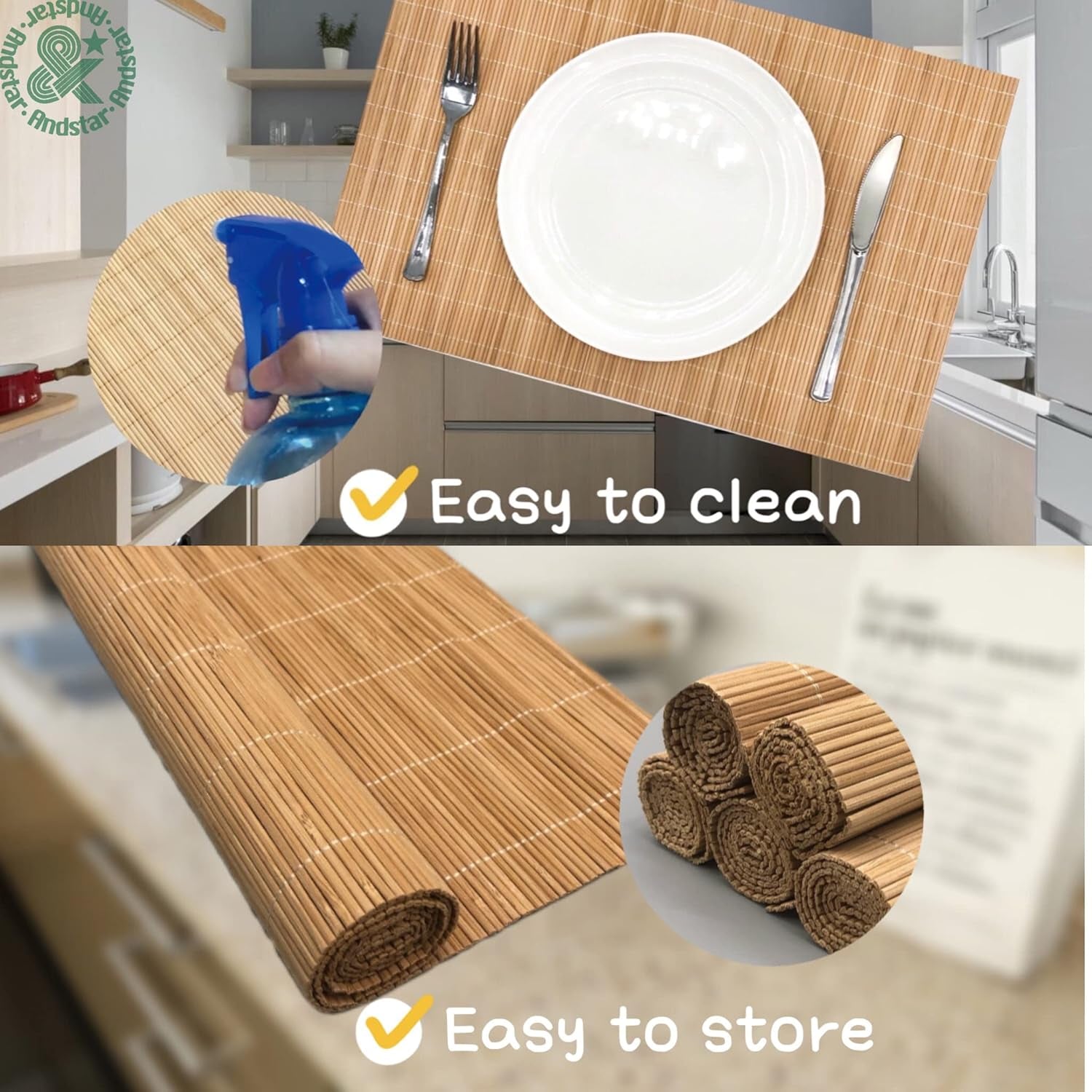 Set of 8 Pcs Bamboo Placemats Sushi Rolling Mat Japanese Style Natural Anti-Slip, Washable Heat-Resistant Table Mats for Dining Room and Kitchen（Brown）