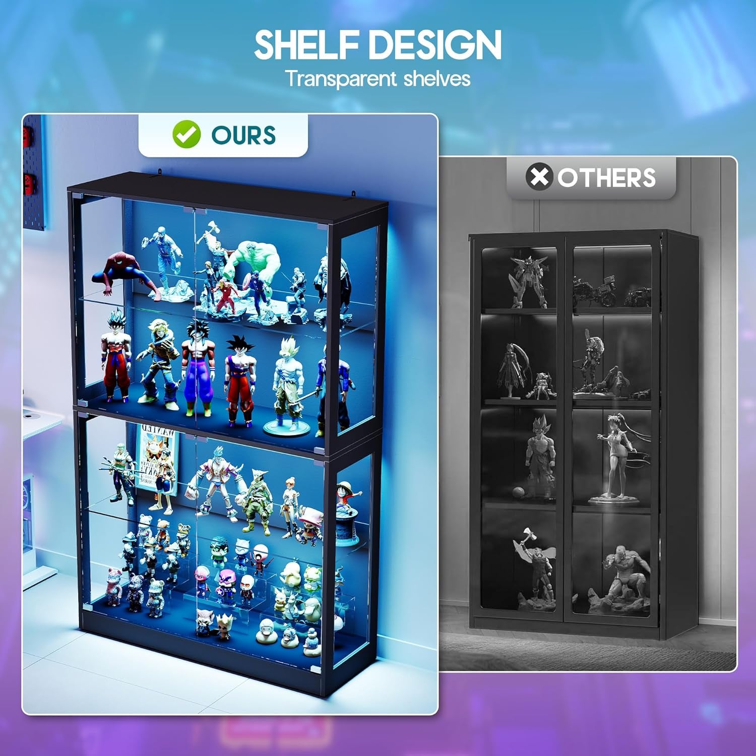 RGB Display Cabinet with Adjustable Glass Shelves, 4-Tier Storage Case with LED Lights & Press-To-Open Doors, Modern Display Shelf for Collectibles, Black 70" H×45" L×16" D