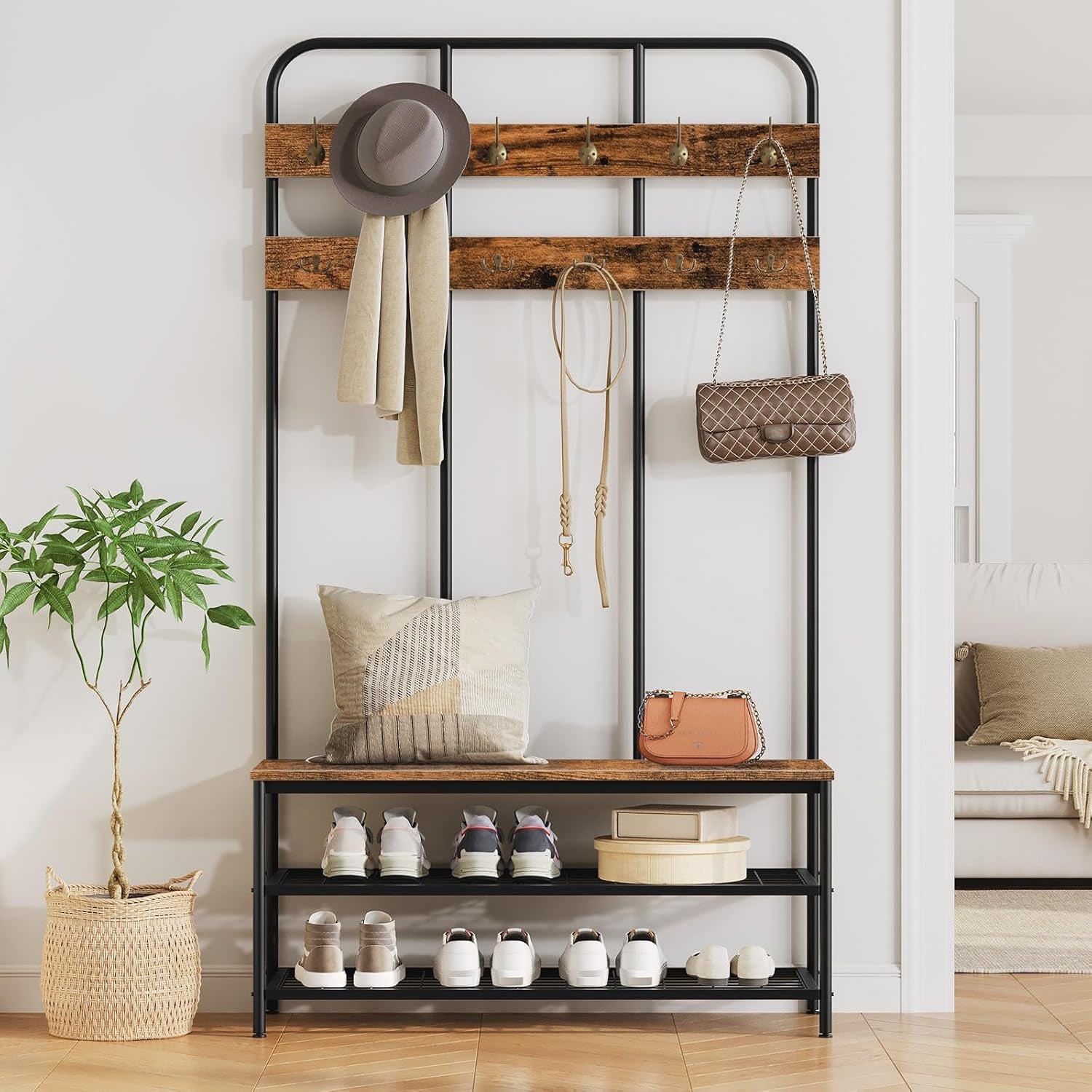 Hall Tree with Bench, Entryway Bench with Coat Rack, Mud Room Rack with 12 Double Hooks and Shoe Storage, Coat Tree, Shoe Rack Organizer, for Foyer, Front Door, Rustic Brown BF05MT01