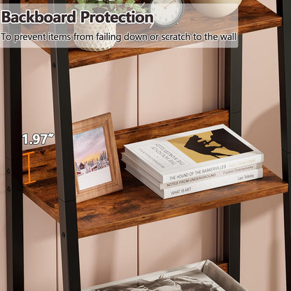 5-Tier Ladder Shelf, Ladder Bookshelf with Removable Drawer, Rustic Bookcase Storage Rack Organizer, Wood Metal Freestanding Storage Shelf for Living Room, Home Office, Bedroom, Balcony