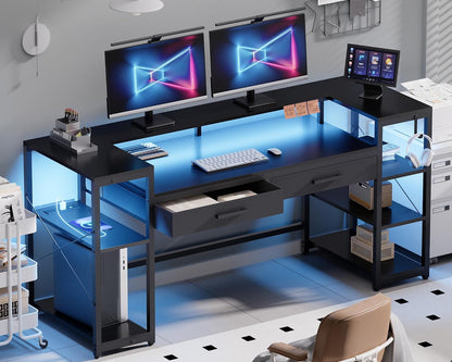 58 Inch Computer Desk with Monitor Stand and Shelves Gaming Desk with LED Lights & Power Outlets PC Vanity Table with 2 Drawers for Home Office Black