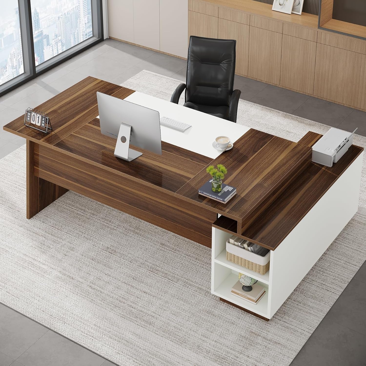 L-Shaped Executive Office Desk, 70.5-Inch Mid-Century Modern Executive Desk with Storage Cabinet and Shelves, Large Computer Desk for Home Office, Brown + White