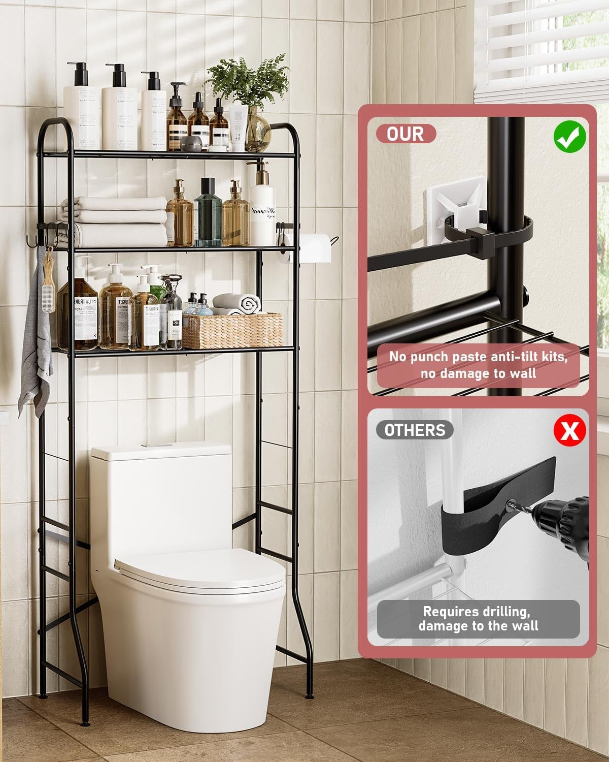 Over the Toilet Storage Rack, 3-Tier Metal Bathroom Organizer with Hooks, over the Toilet Storage Cabinet, Space Saver Shelf for Bathroom, Black, 23.6" X 13.0" X 63.4"