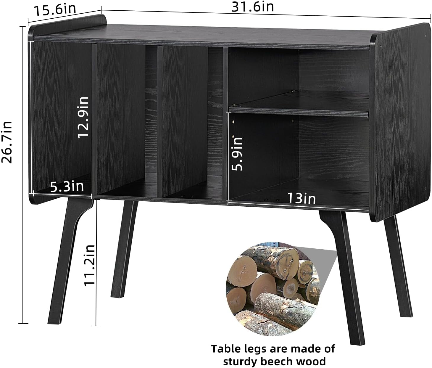 Record Player Stand with 4 Cabinet Holds up to 220 Albums, Large Black Turntable Stand with Beech Wood Legs, Mid-Century Record Player Table, Vinyl Holder Storage Shelf for Bedroom Living Room