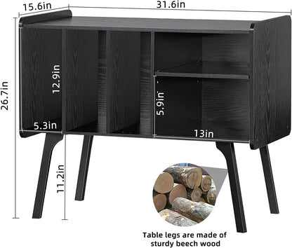 Record Player Stand with 4 Cabinet Holds up to 220 Albums, Large Black Turntable Stand with Beech Wood Legs, Mid-Century Record Player Table, Vinyl Holder Storage Shelf for Bedroom Living Room
