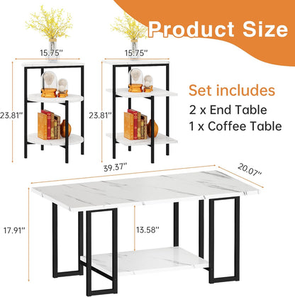 Coffee Table Set of 3 Coffee Table and End Table Sets, Modern Living Room Table Set with Metal Frame for Apartment Home Office White & Black