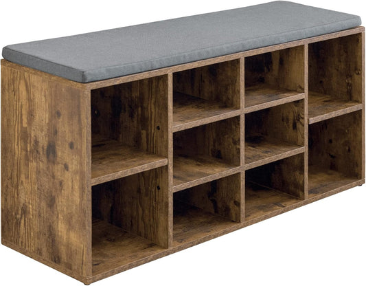 Shoe Bench - 10 Compartment Shoe Organizer with 3-Tier Rack & Adjustable Shelves for Living Room, Entryway, Hallway, Bedroom (Brown)