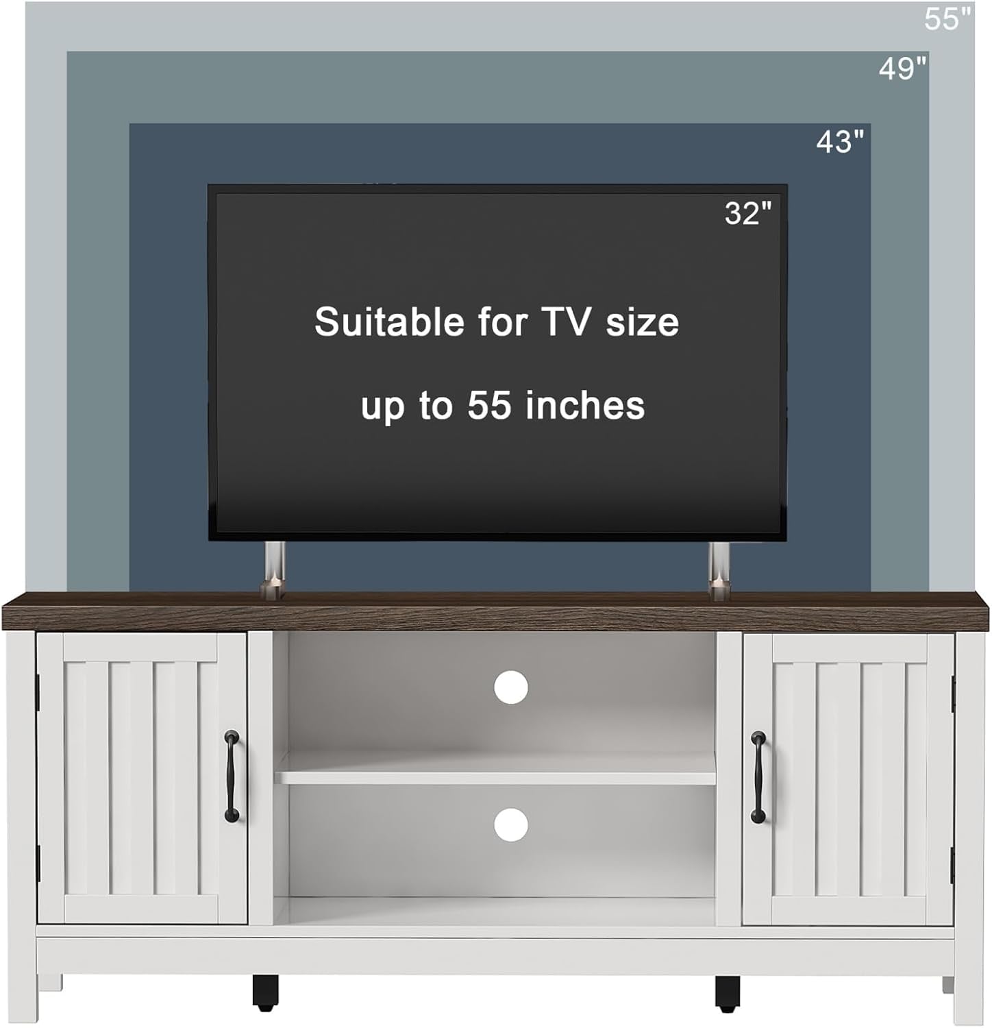 Farmhouse TV Stand, Wood Fluted Door Entertainment Center with Storage Cabinets and Open Shelves, Rustic Media Console up to 55 Inches for Living Room, Bedroom, White