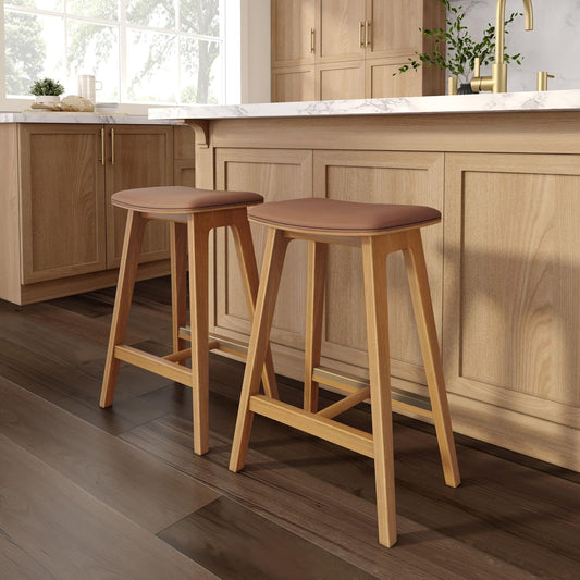 Beryl Counter Height Stool - Mid-Century Modern Rubberwood Bar Stool with Faux Leather Seat, Metal Footrest, Easy Assembly, 2-Pack, Pecan/Toffee