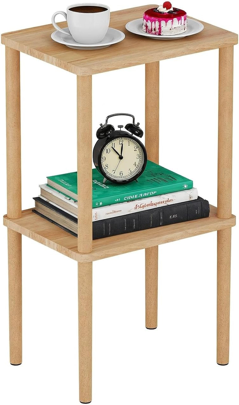 Solid Wood Side Table, 2-Tier Small End Table with Storage Shelf, Tall Nightstand Bedside Table for Bedroom, Living Room, Kids Room & Small Spaces. No-Tool Assembly.