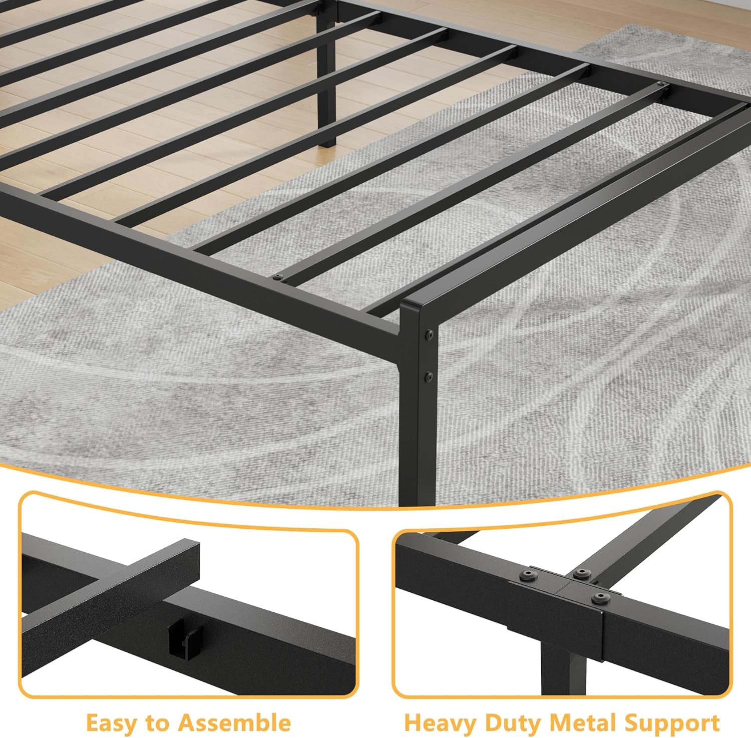 Twin Bed Frames with Built-In Charging Station and LED Light, Metal Platform Bed with Headboard and Storage Shelf, Noise-Free, No Box Spring Needed, Black