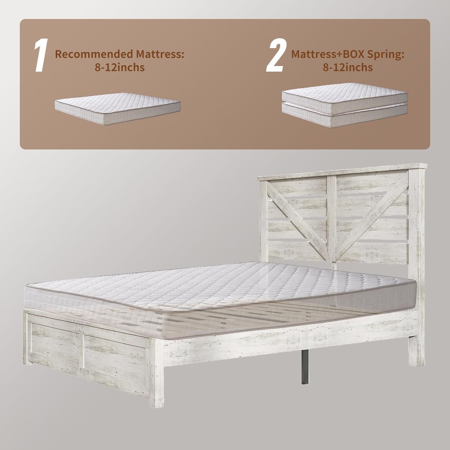 Queen Size Farmhouse Wooden Bed Frame, Platform Bed Frame with 49.2" Headboard/No Box Spring Needed/Noisy Free/Easy Assembly/Distressed White