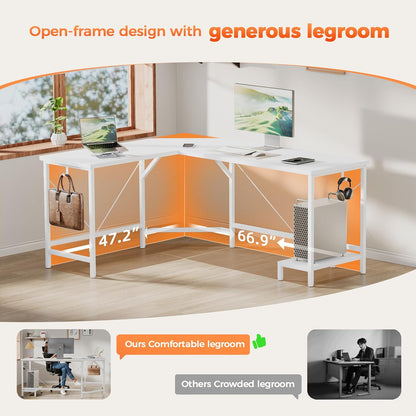 59 Inch Large Corner Gaming Desk, Simple L Shaped Desk with CPU Stand & Hooks, Computer Desk for Home, Bedroom & Office Workspace, White