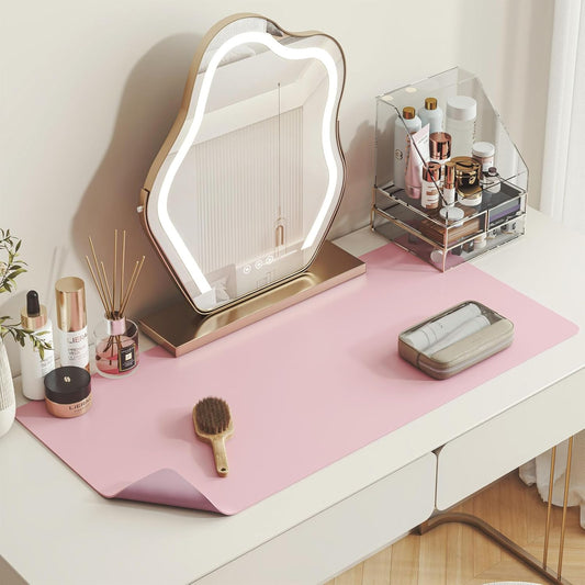 Makeup Mat for Vanity,Dual-Sided Leather Vanity Mat, Easy to Clean, Waterproof and Oilproof,Desk Pad Mat to Protect Vanity(Pink)