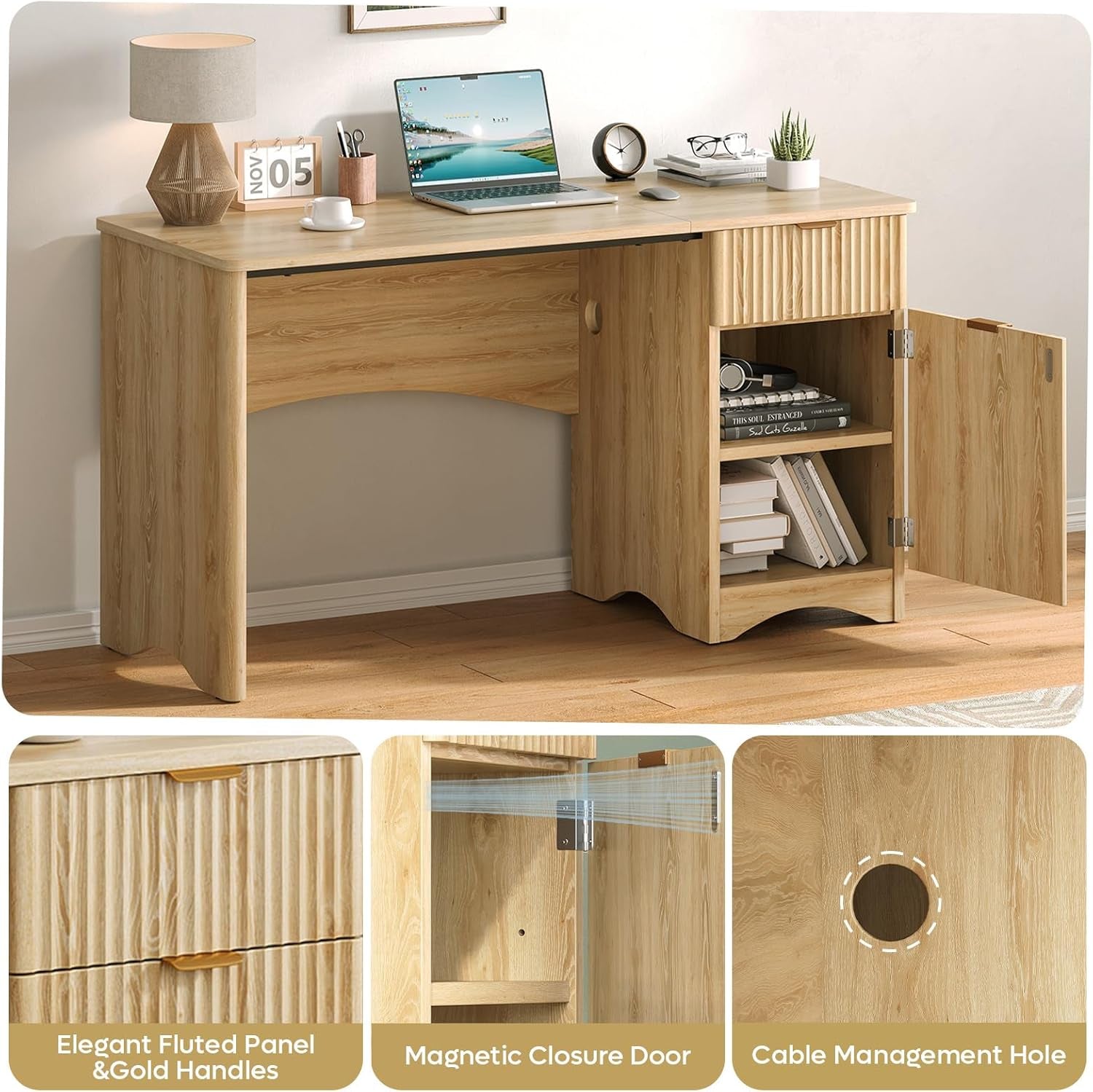 47 Inch Computer Desk with Drawer, Office Desk with File Cabinet, Modern Executive Desk Adjustable Shelves for Home Office Bedroom Study, Natual Oak