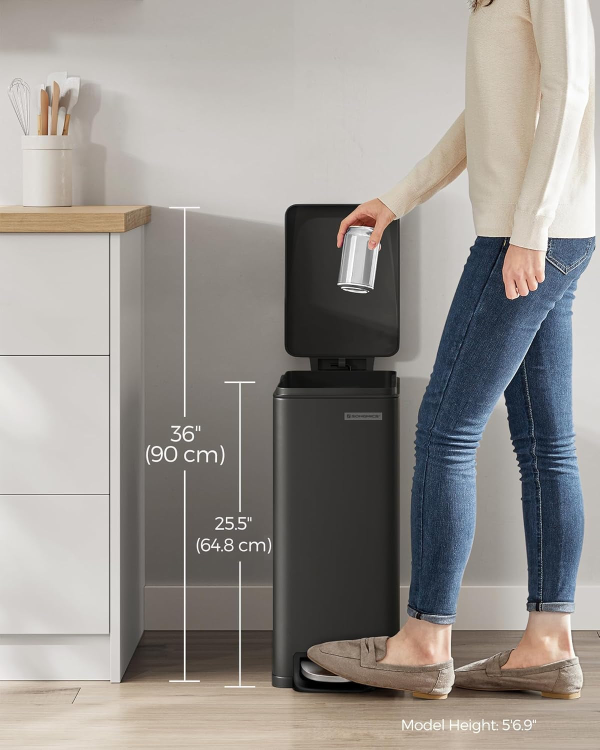 Slim Trash Can, 13-Gallon (50 L) Garbage Can for Narrow Spaces with Soft-Close Lid, Inner Bucket, and Step-On Pedal, Stainless Steel, 15 Trash Bags Included, Black ULTB510B48