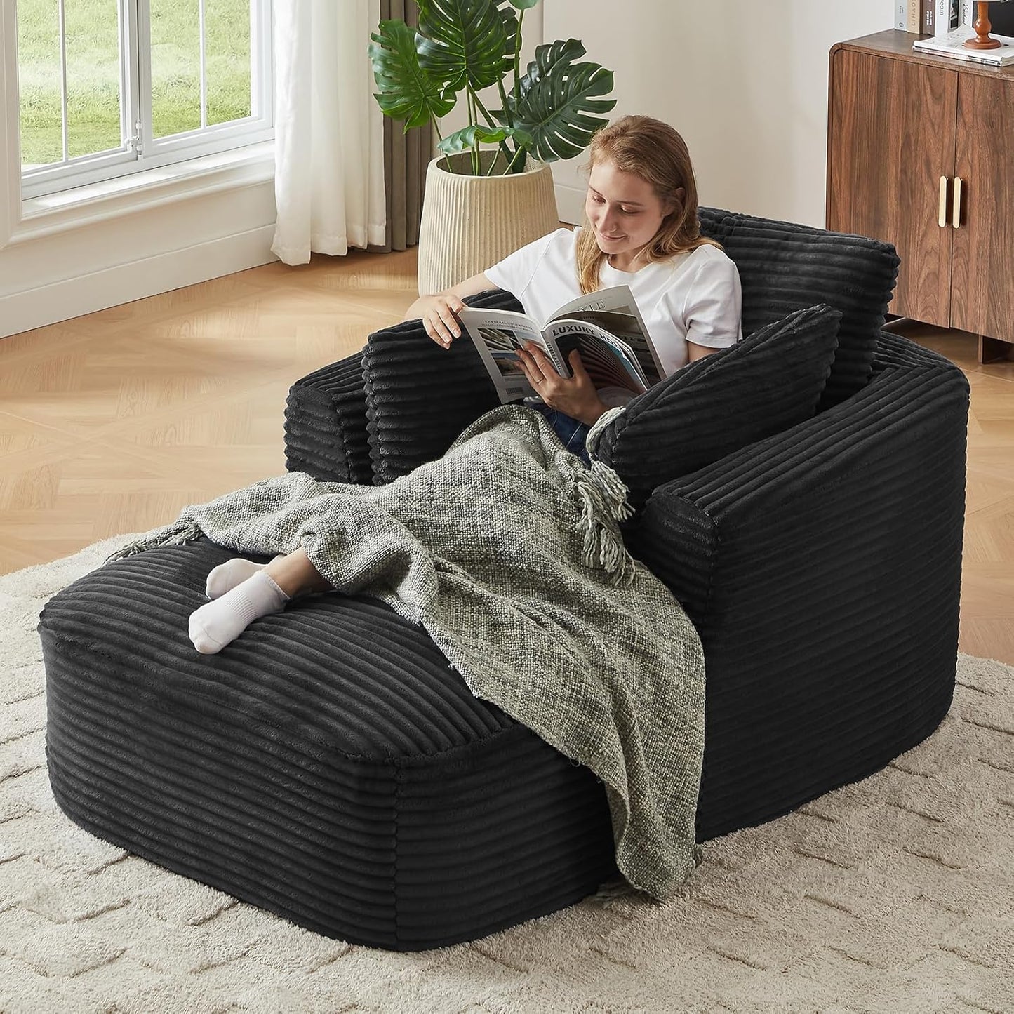 Oversized Chaise Lounge Chair Indoor, Corduroy Comfy Boneless Sleeper Sofa Couch with Pillows for Living Room Apartment Reading Nook, No Assembly Required, 45.3”W, Black