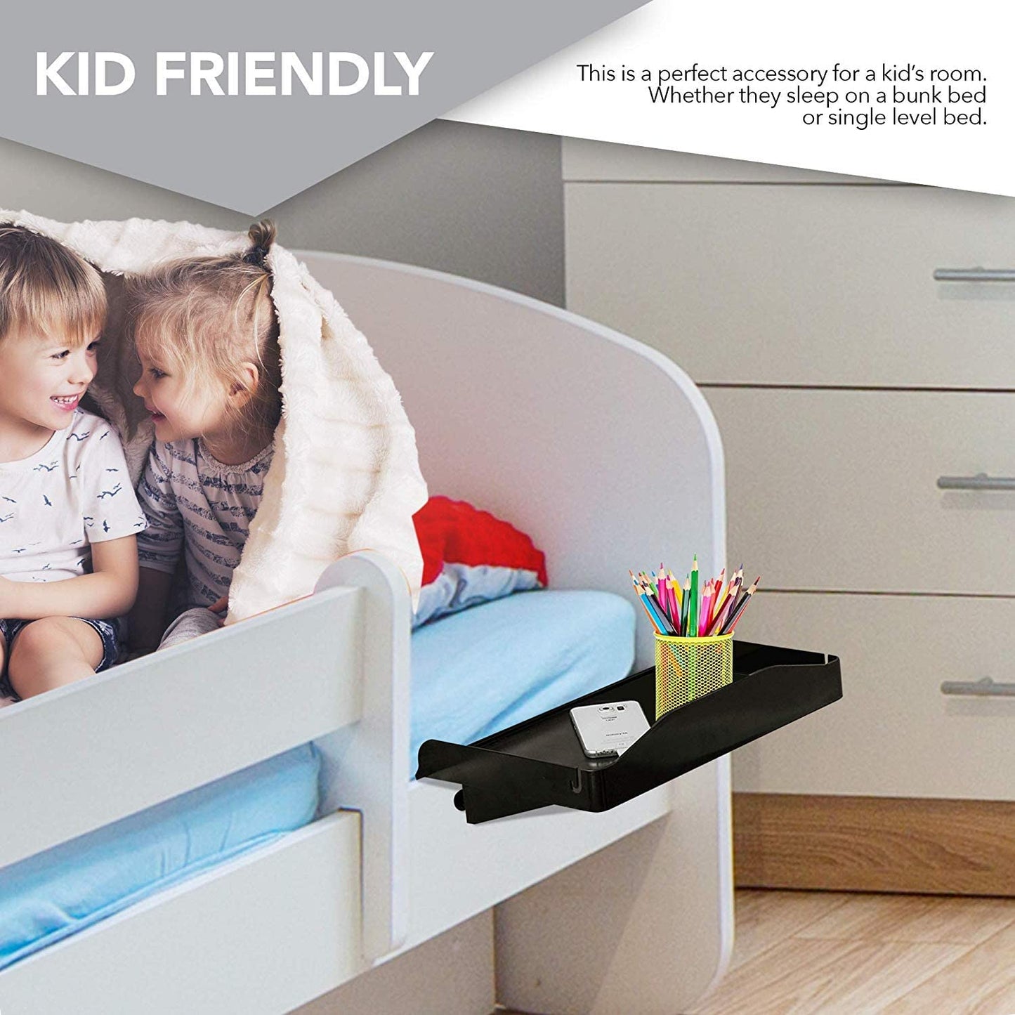 Bedside Shelf for Bed, College Dorm Room, Bunk Bed Shelf/Caddy for Top Bunk, Clip on Nightstand Tray with Cord and Cup Holder for Table Storage (Black)