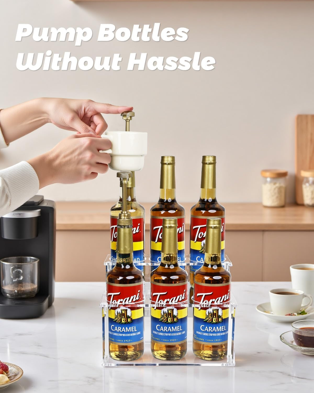 Upgraded Thickened Acrylic Coffee Syrup Organizer, 2-Tier Coffee Station Organizer Holds 6 Syrup Bottles, Coffee Syrup Dispenser Rack for Coffee Bar Station , Wine Bottle Rack Holder Countertop