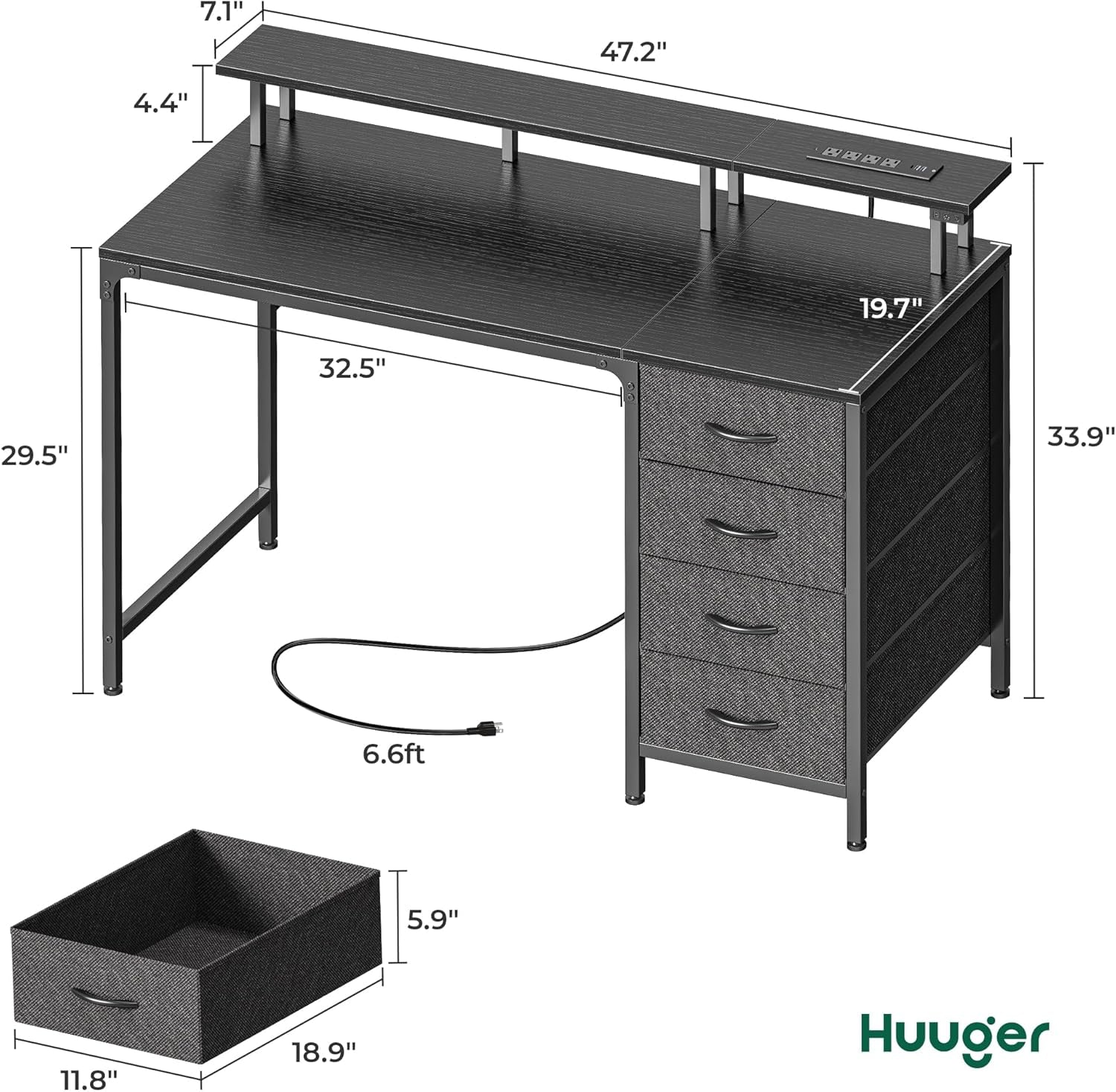 47 Inch Computer Desk with Power Outlets and LED Lights, Gaming Desk with 4 Drawers, Office Desk with Monitor Stand, Study Work Home Office, Small Spaces, Black