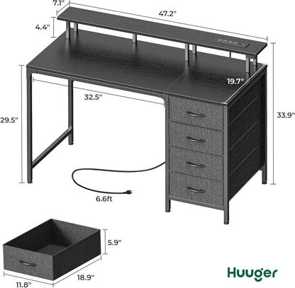 47 Inch Computer Desk with Power Outlets and LED Lights, Gaming Desk with 4 Drawers, Office Desk with Monitor Stand, Study Work Home Office, Small Spaces, Black