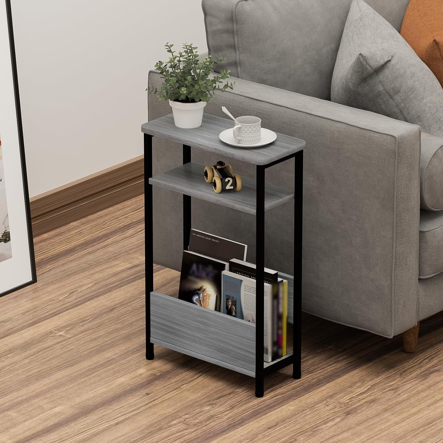 7.1" Narrow Side Table for Small Spaces, 3 Tier Small End Table with Magazine Holder, Slim/Skinny Nightstand/Bedside Table for Living Room, Bedroom, 15.4" L X 24.2" H, Gray