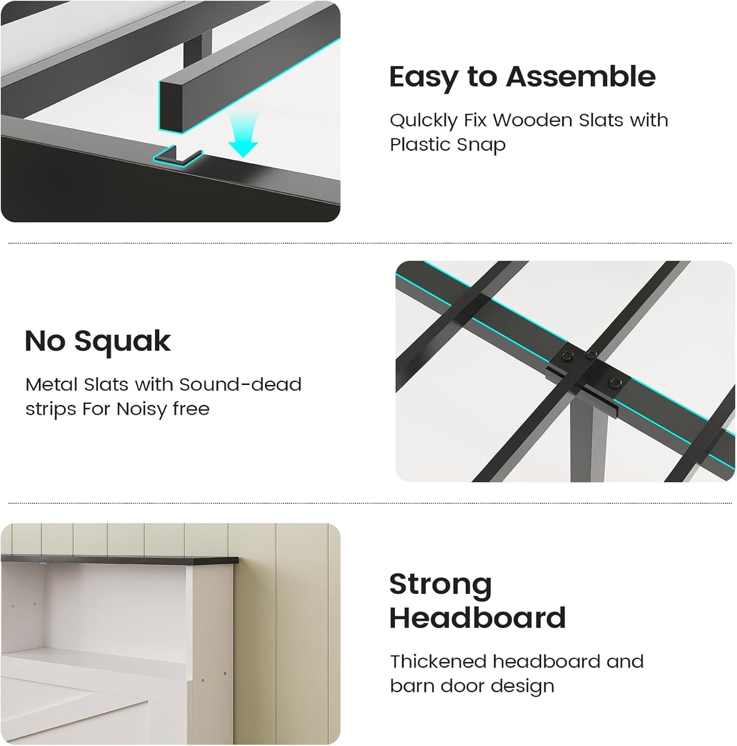 Farmhouse Queen Bed Frame with 4 Storage Drawers and Led Lights, Wooden Bed Frame Queen Size with Hidden Space Bookcase Headboard and Led Lights & Metal Slats, White