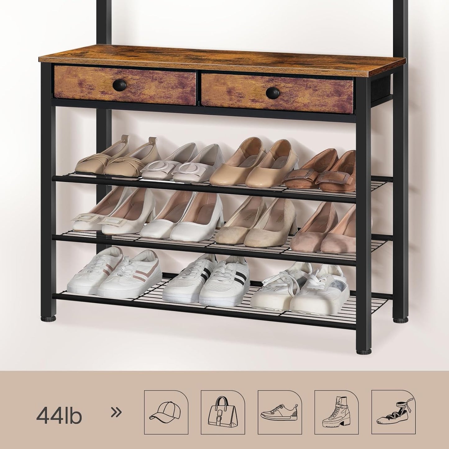 Hall Tree, Entryway Coat and Shoe Rack, 2 Fabric Drawers, Hall Tree with Bench, Shoe and Coat Rack, Coat Rack with Shoe Storage, 4 Tier Shoe Organizer, 9 Hooks, Rustic Brown and Black BF81MT01