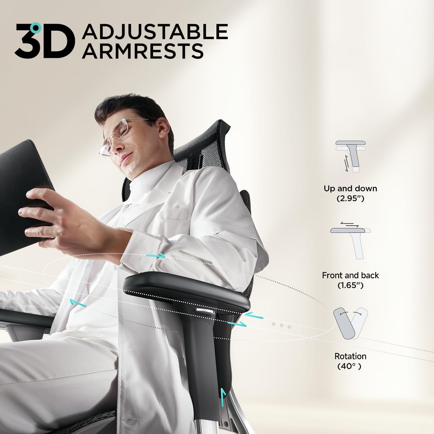E3 Air Ergonomic Office Chair, Big and Tall Office Chair - with 3-Zone Dynamic Lumbar Support, 3D Adjustable Headrest, 3D Adjustable Armrests, Swivel, Black(No Footrest)