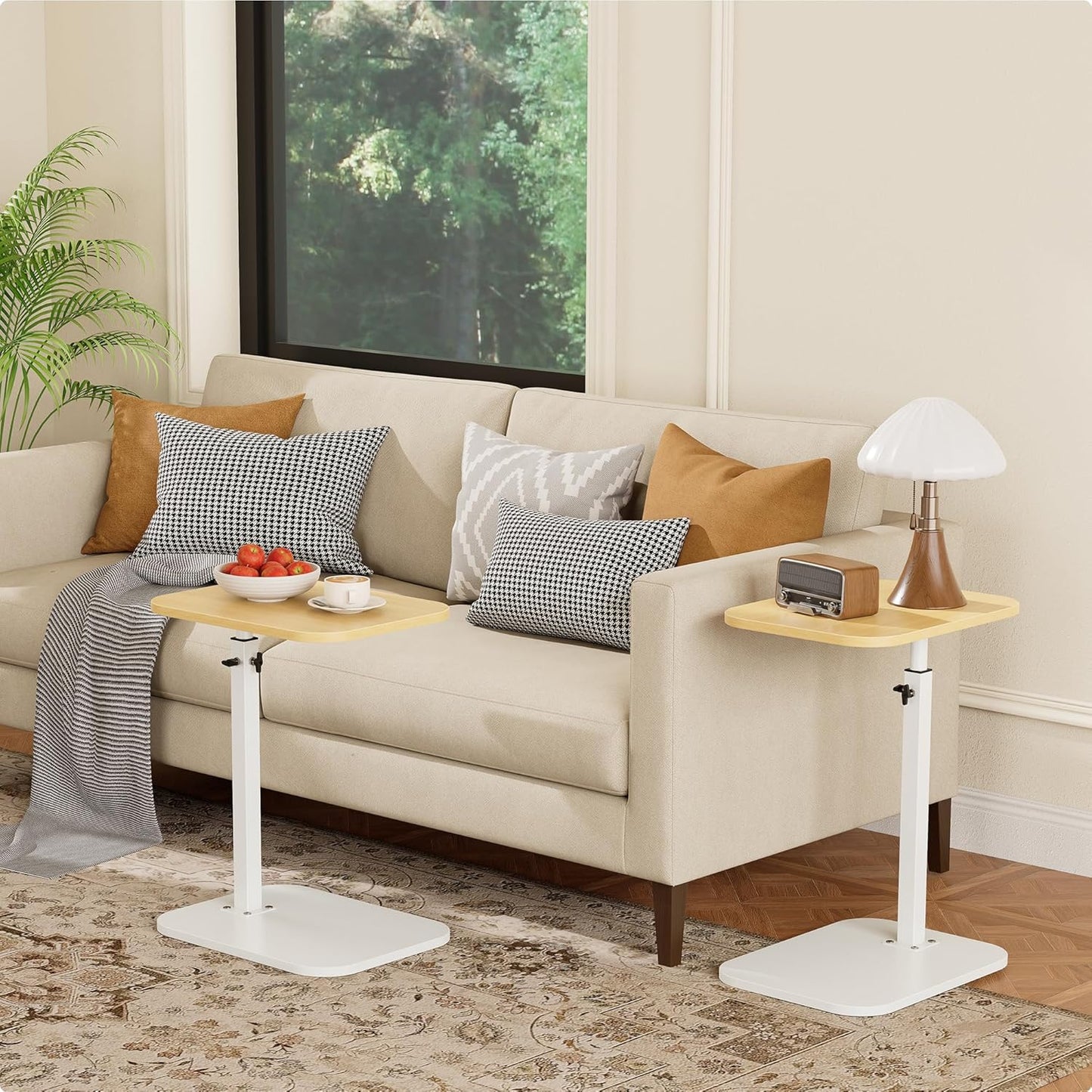 C Shaped End Table for Couch, Adjustable Height Couch Side Table, Horizontal 360°Swivel Small TV Tray Table Couch Side Tables That Slide under (Wood)