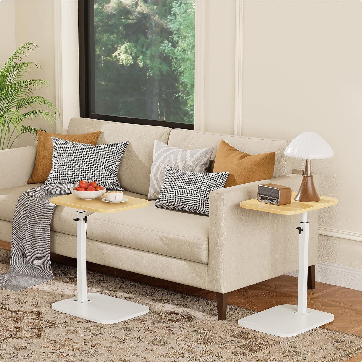 C Shaped End Table for Couch, Adjustable Height Couch Side Table, Horizontal 360°Swivel Small TV Tray Table Couch Side Tables That Slide under (Wood)
