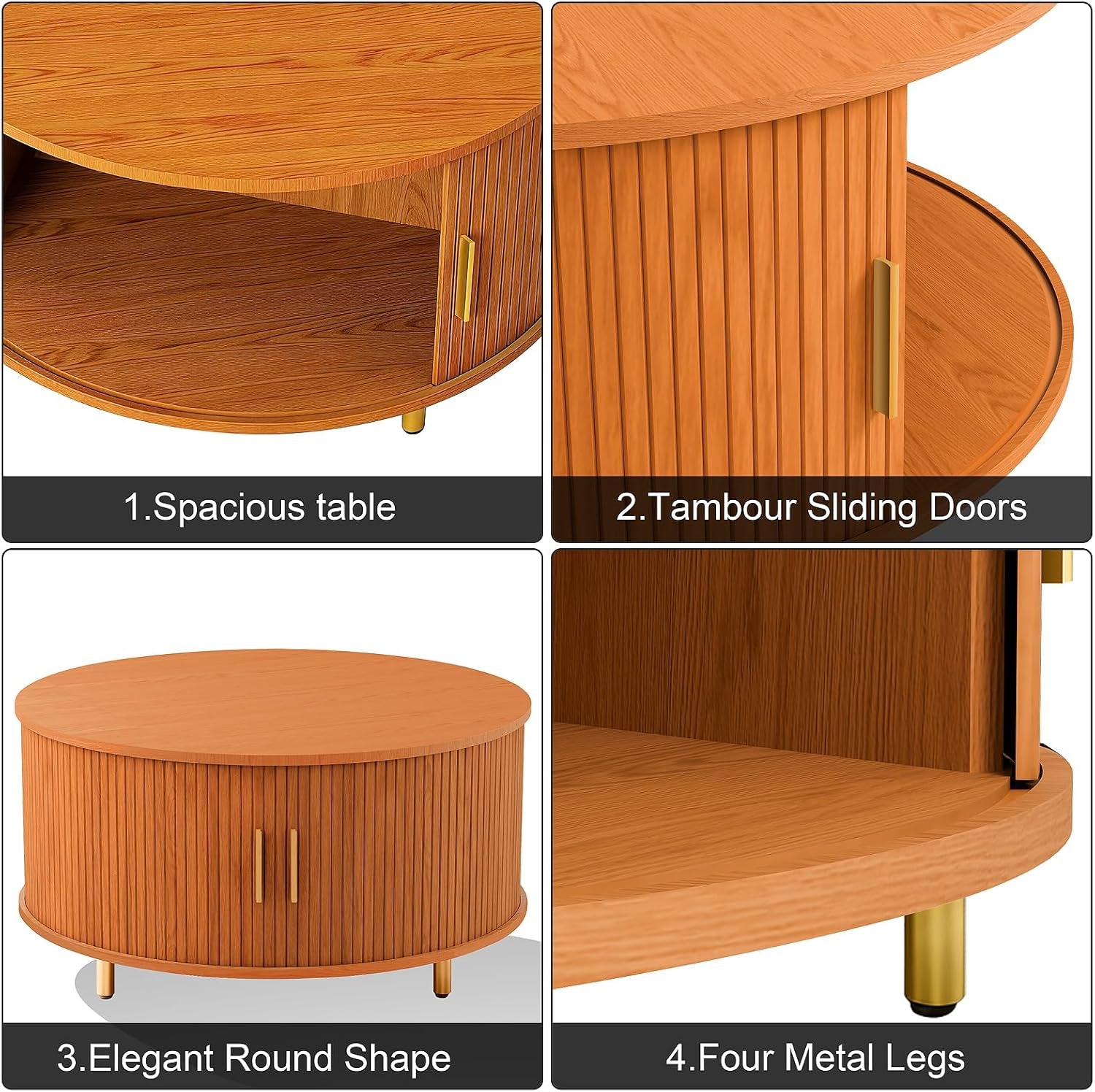round Coffee Table, 31.5" Mid Century Modern Coffee Table with 360° Sliding Tambour Door, Fluted Accent Coffee Table with Storage,Adjustable Footpads for Living Room, Yellow Walnut