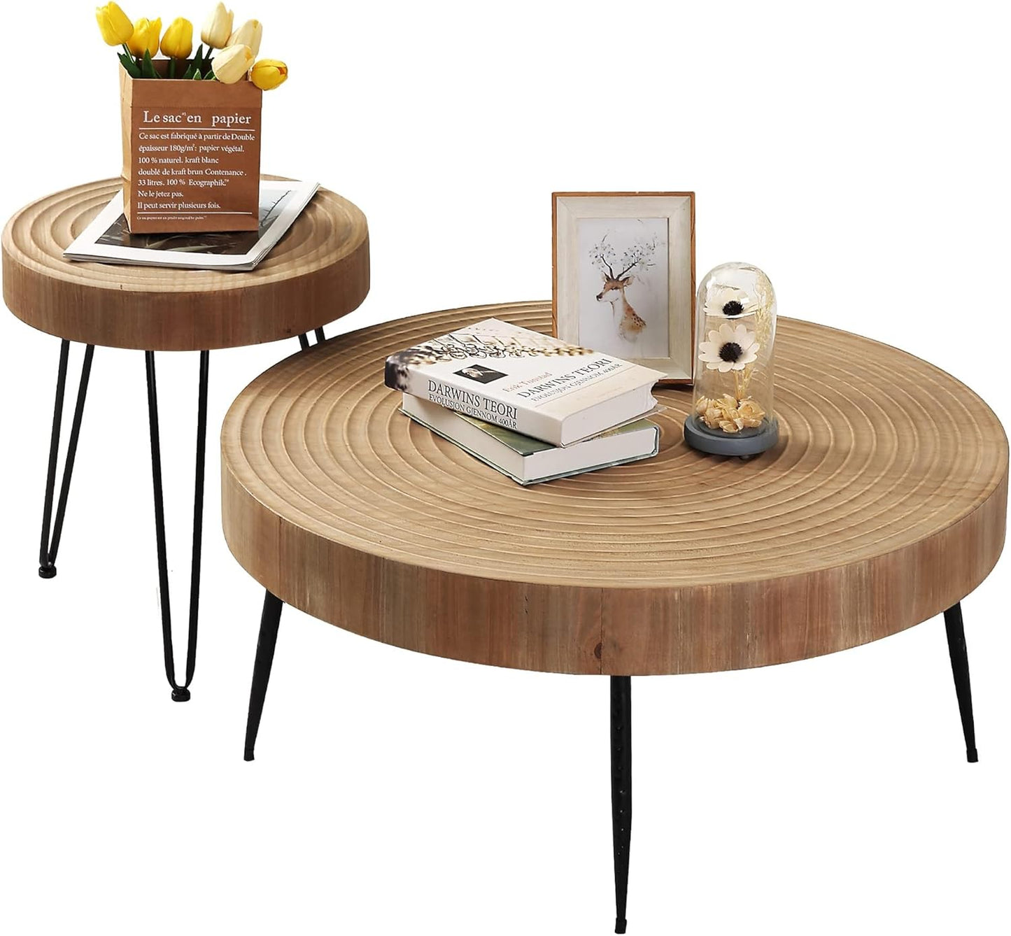 Farmhouse round Coffee Table Set of 2, Cocktail Table Set, Modern Circle Natural Wood Finsh Side and End Table Sets for Living Room(Helical, Natural)