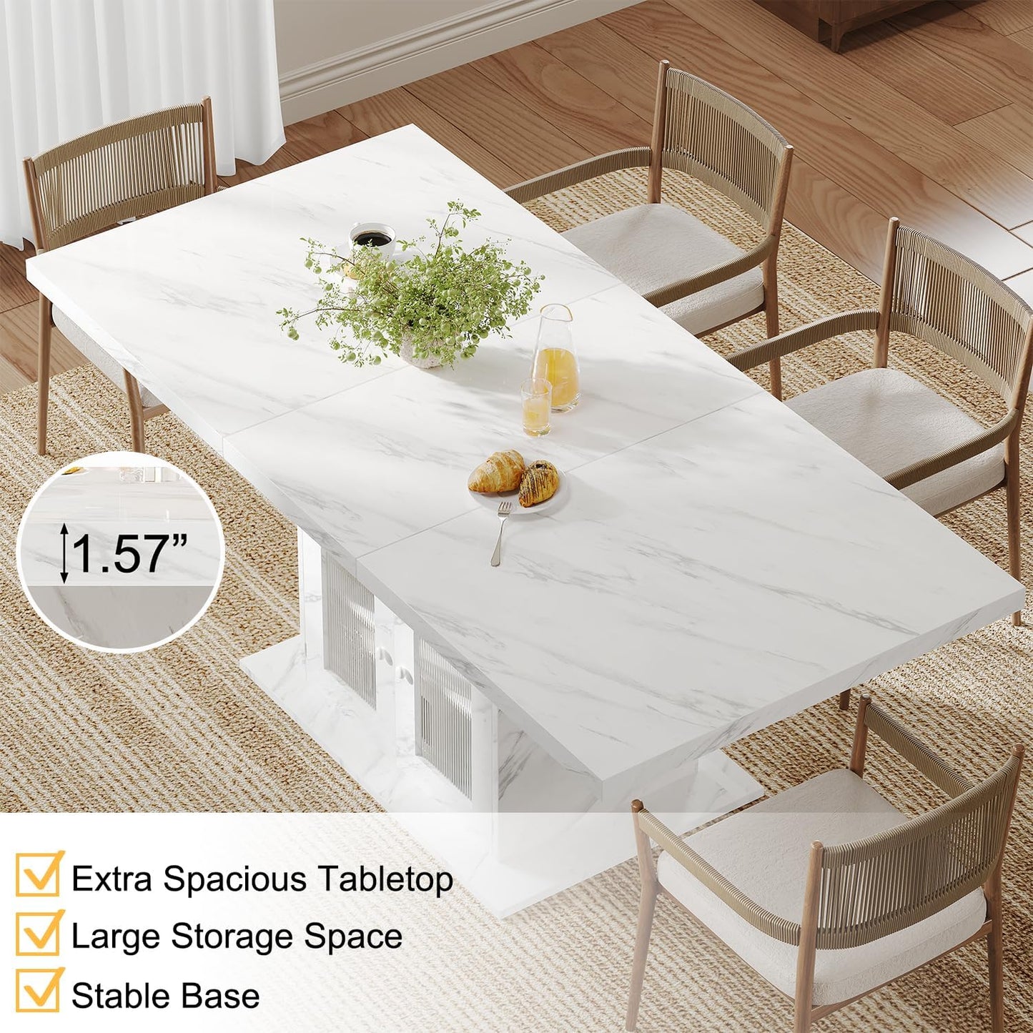 Dining Table for 4–6, 63" Modern Kitchen Dining Room Table with Storage Shelves & Acrylic Door Cabinet,Wood Rectangle Dinner Table with Faux Marble Top for Home Apartment, White Faux Marble