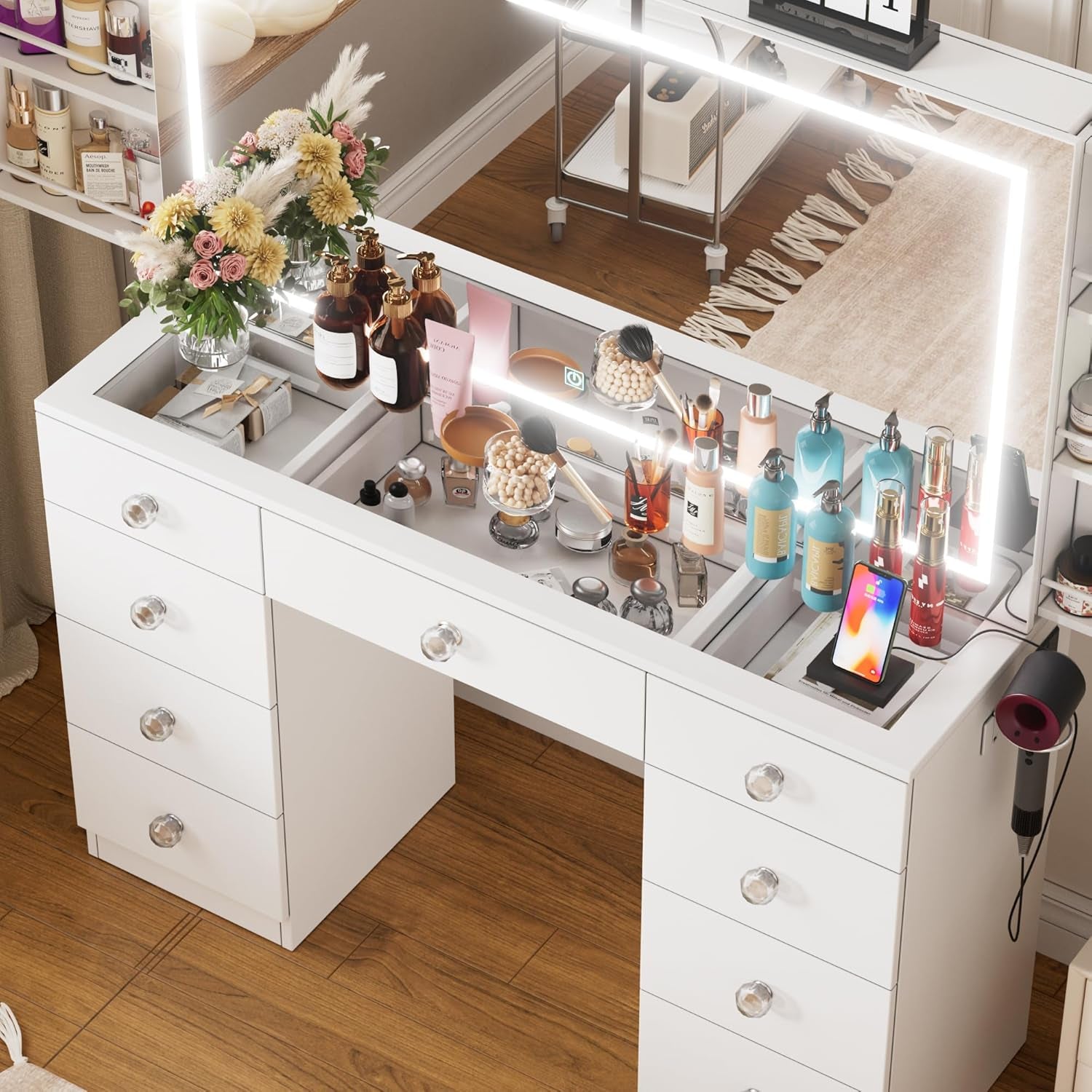 Makeup Vanity Desk with Large Mirror and Lights,White Vanity Table with Glass Top,9 Drawers,3 Color Modes,Sliding 2 Wall Mounted Jewelry Storage Racks,Suitable for Bedroom Ladies and Girls