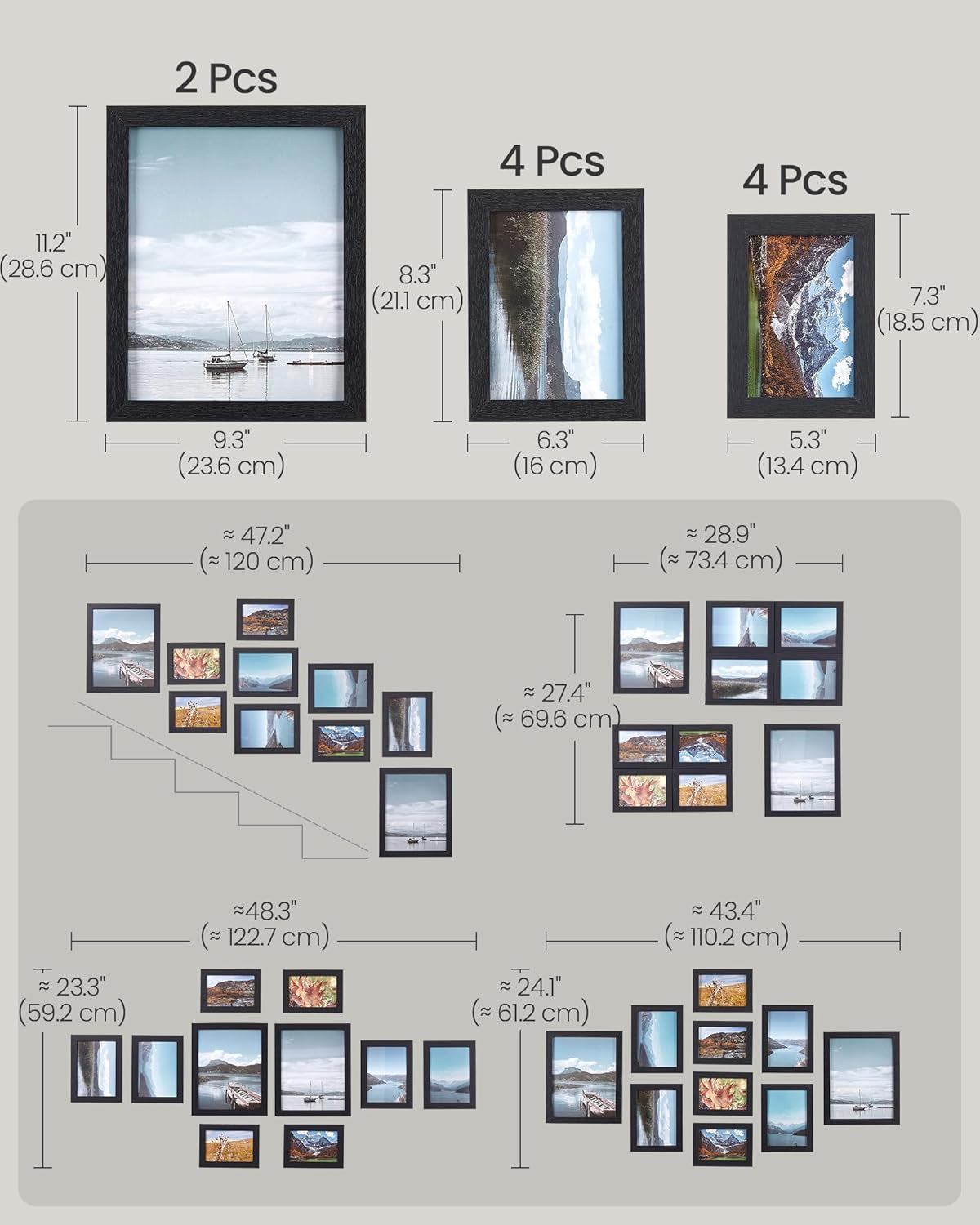 Picture Frames, Collage Picture Frames Set of 10, Two 8X10, Four 5X7, Four 4X6, Photo Frame for Wall Gallery Decor, Table Display, Glass, Ink Black URPF10B